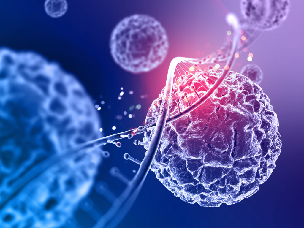 3D render of a close up of virus cells and DNA strand